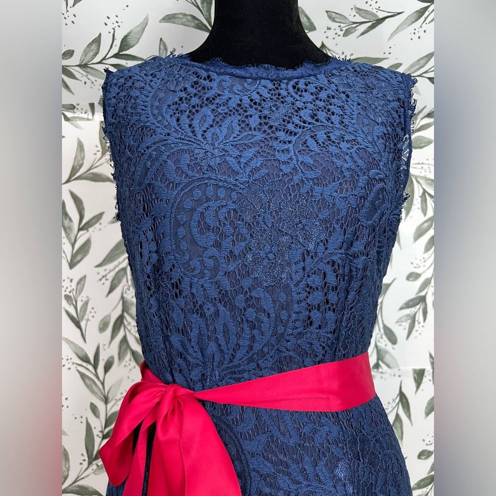 Retro Vintage Navy Blue Lace Sleeveless Dress Vibrant Red Satin Sash Size M #D - Picture 4 of 11